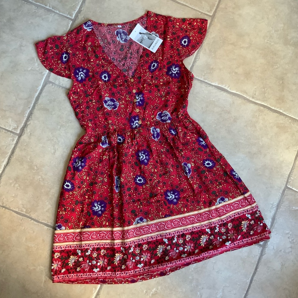 NWT Red Floral Cotton Dress Sz Medium